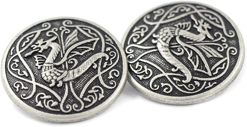 Bezelry 10 Pieces Spitfire Celtic Dragon Metal Shank Buttons. 25mm (1 inch) (Antique Silver)...
