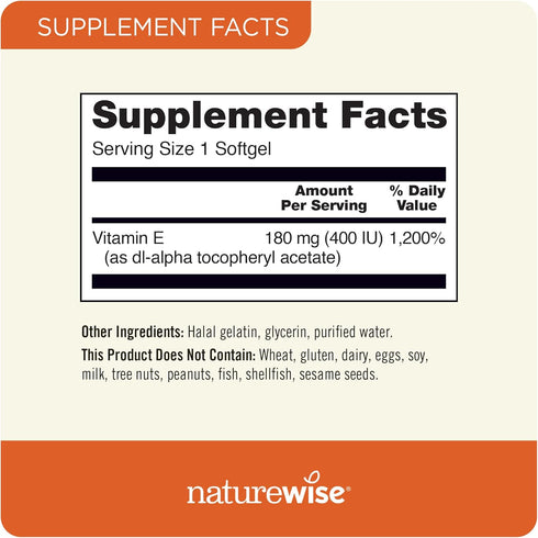 NatureWise Vitamin E 400 IU Softgels (180mg DL-Alpha) - Dairy Free, Gluten Free and Soy Free Antioxidant-Rich Dietary Supplement for Skin, Heart, ...