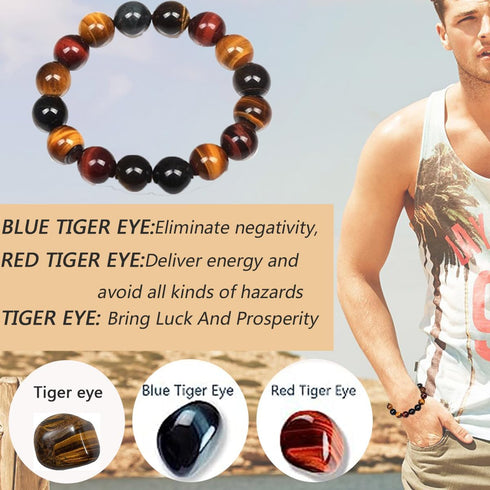 Tiger Eye Bracelet,10MM Relax Anxiety Triple Protection Bracelet Spiritual Crystal Gemstones Beaded Bracelets for women men Bring Luck And Prosper...