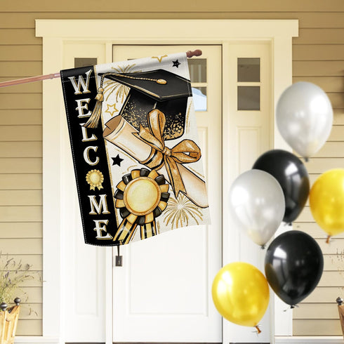 Welcome Class of 2024 Congrats Grad 28 x 40 House Flag Double Sided, Black Gold Graduation Cap Diploma Medal Garden Yard Decoration, High School C...