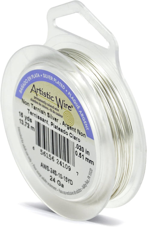 Artistic Wire, 24 Gauge / .51 mm Silver Plated Tarnish Resistant Colored Copper Craft Wire, Tarnish Resistant Silver, 15 yd / 13.7 m...