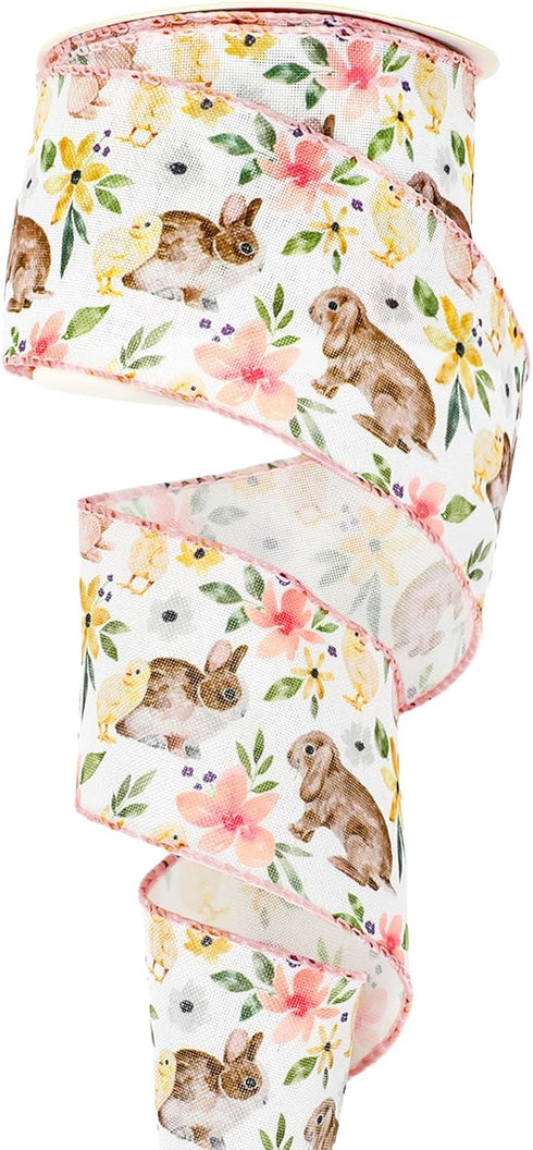 AnyDesign Easter Wired Edge Ribbon Spring Floral Bunny Wired Ribbon Watercolor Easter Rabbit Flower Fabric Craft Ribbon for Gift Wrapping Floral A...