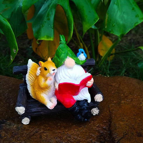 Garden Gnome Outdoor Statue, Resin Gnome Figurine with Squirrel Reading Book Hanging Decor, Resin Farmhouse Animal Hammock for Holiday Patio Yard ...