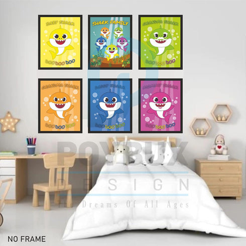 PoyBux Design,Baby Shark Art Poster Drucke, Set von 6 (ungerahmt) (20.3x25.4 cm), Kinderzimmer-Wandkunst-Dekoration, Kinderzimmer Heimdekoration.,...
