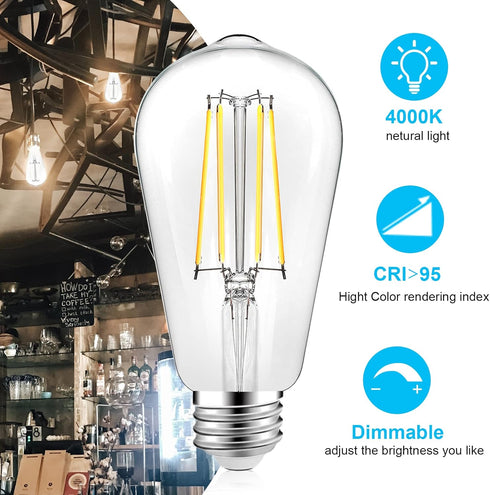 8W LED Light Bulb Edison Bulbs 100 Watt equivalent, Vintage ST58 Dimmable LED Bulbs Bright 960Lumens, E26 Medium Base Antique Clear Glass Filament...