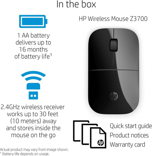 HP Wireless Mouse Z3700 (26V63AA#ABL, Black), Dimensions (mm) : 101 x 60 x 25.3...