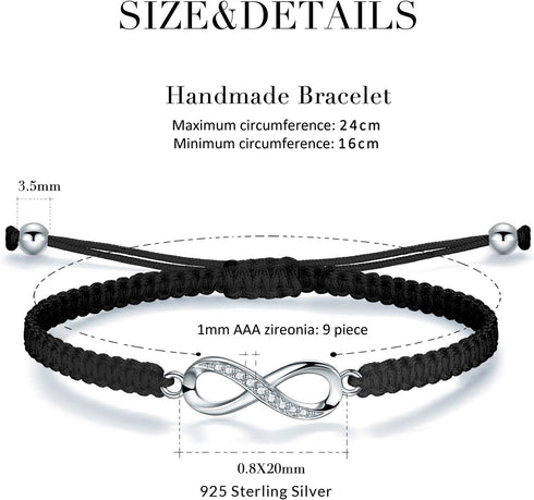 ZENI Infinity Bracelet for Women, Handmade Black Rope Braided Bracelet with 925 Silver Adjustable Bracelet Love Friendship Jewelry Gift...