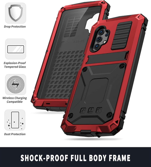 Compatible for Samsung Galaxy A32 5G Case, Aluminum Metal Gorilla Glass Waterproof Shockproof Heavy Duty Sturdy Protector Cover,with Built-in Fold...