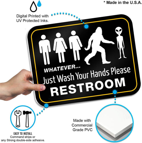 Bigtime Signs Funny Bathroom Sign | 11.5" x 8.75" Rigid PVC | All Gender Bigfoot & Alien Wash Your Hands Please - Bathroom Decor & Signs...