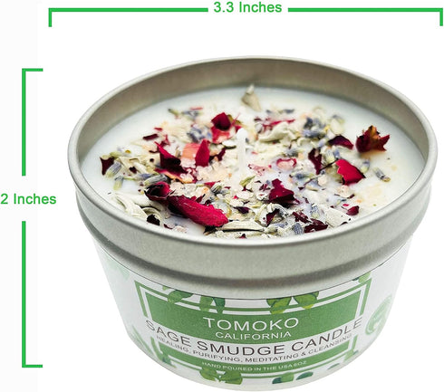 TOMOKO White Sage Candle, Sage Leaf, Rose, Lavender, Himalayan Salt & Essential Oil...