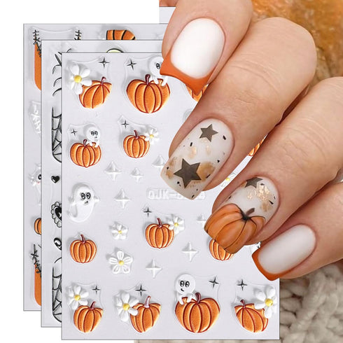 JMEOWIO 3D Embossed Halloween Nail Art Stickers Decals Self-Adhesive Pegatinas Uñas 5D Cute Pumpkin Ghost Flower Spook Nail Supplies Nail Art Desi...