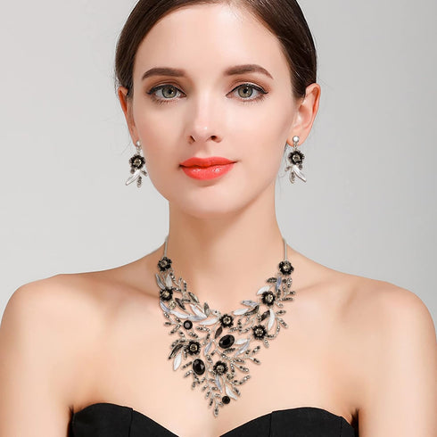 BriLove Wedding Bridal Leaf Cluster Jewelry Set for Women Crystal Flower Enamel Statement Necklace Dangle Earrings...