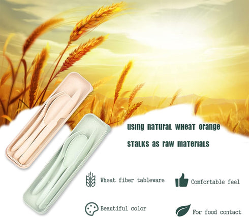 Travel Utensil Set with Case, 2 Sets Wheat Straw Reusable Spoon Chopstick Forks Tableware, Portable Cutlery Travel Picnic Camping or Daily Use ((B...