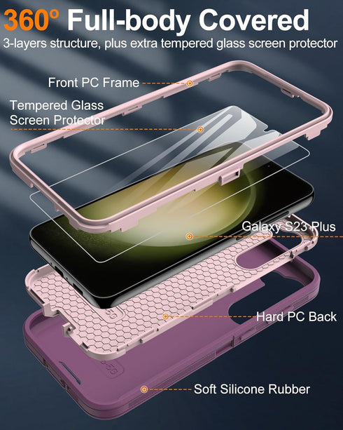 for Samsung Galaxy S23-Plus Case, with Screen Protector, Dust-Proof Port Cover, Full-Body Silicone Rubber Phone Case, Military Grade Drop-Proof Sh...