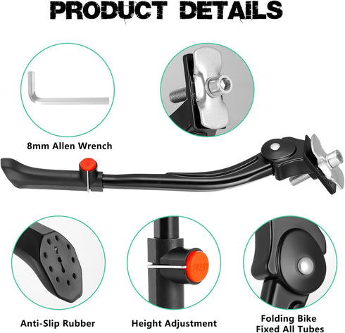 Bike Kickstand for 24-29 inch Bicycles, Aluminum Alloy Adjustable Bike Stand with Button-style Latch, Suitable for Mountain Bike, Road Bike, Hybri...