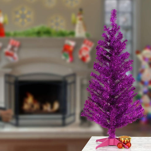 National Tree Company Artificial Christmas Tree, Pink Tinsel, Includes Stand, 3 feet...