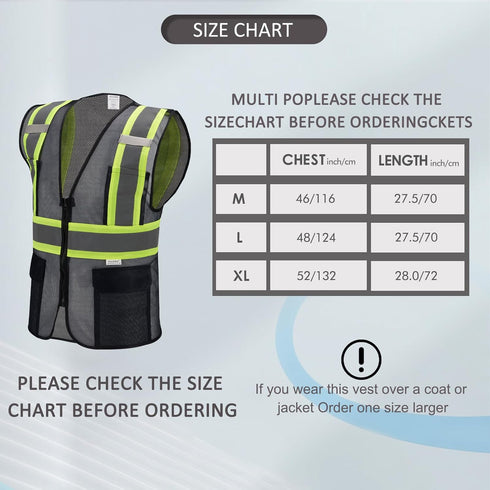 High Visibility Reflective Safety Vest with Zipper and Pockets Translucent Black,L...