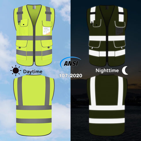 Safety Vest for Men High Visibility Vest with 9 Pockets, Hi Vis Reflective Vest with Reflective Strips, Reflective Vest for Men Construction, Meet...