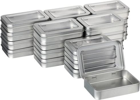 24 Pcs Rectangular Hinged Tins Box Metal Rectangular Empty Container Metal Storage Organizer Tins Mini Portable Box Containers with Clear Window f...