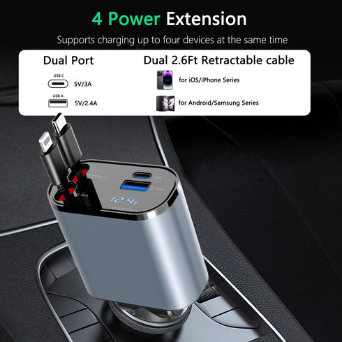 Retractable Car Charger, 4 in 1 Fast Charge Car Phone Charger Adapter 100W, Retractable Cables(2.6ft) for iPhone & Type-C, Cigarette Lighter Adapt...