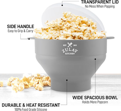 Zulay Microwave Popcorn Popper - BPA-Free Silicone Popcorn Popper Microwave Popcorn Bowl - Collapsible Microwave Popcorn Maker - Family Movie Nigh...