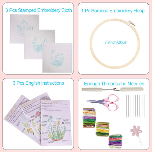 Bonroy Embroidery Kit for Beginners, 3 Sets embroidery Kit for Craft lover Handy stitch with Embroidery fabric with Pattern,full range accessories...