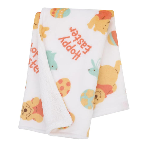 Disney Winnie The Pooh Aqua, Tan, Red, and White Hoppy Easter Super Soft Sherpa Baby Blanket...
