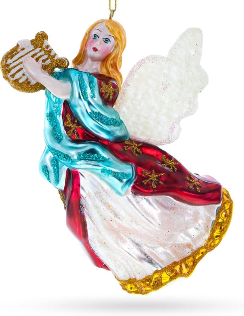 Angel Playing Music on Harp Blown Glass Christmas Ornament...