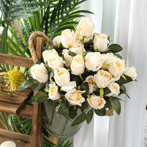 Hawesome 3 Bunches Artificial Flowers Silk Roses Buds Realistic Bouquet Arrangement for Decoration Wedding Party Centerpieces (Champagne)...