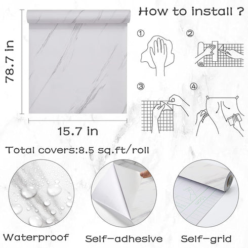 Glossy Marble Contact Paper White Peel and Stick Wallpaper Marble Wallpaper Self-Adhesive Removable 15.7?x78.7? Marble Contact Paper for Cabinets ...