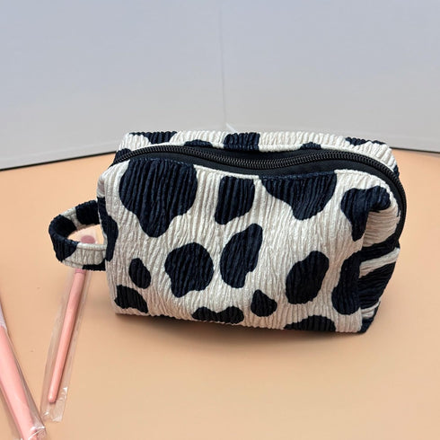 Cow Print Makeup Bag Corduroy Cosmetic Bag Cute Travel Pouch Bags White and Black Checkered Mini Makeup Purse Pouch Makeup Brushes Organizer Bag f...