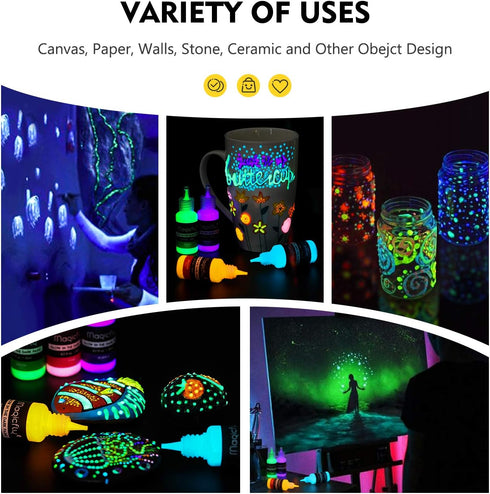Magicfly Acrylic Glow in The Dark Paint, 10 Bright Colours Liquid Luminous Paint, Neon Paints Glow in Dark for Painting, Halloween Decoration, DIY...
