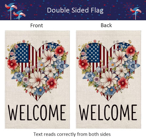4th of July Patriotic Garden Flag 12x18 Double Sided, American Floral Heart Welcome Burlap Small Yard Flag for Independence Day Outside Decoration...