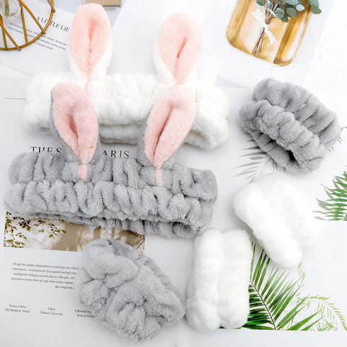 YISSION 6Pcs Face Wash Headbands and Wristbands Set Bunny Ears Headbands Spa Headband Makeup Headband Skincare Headbands with Wristbands for Women...
