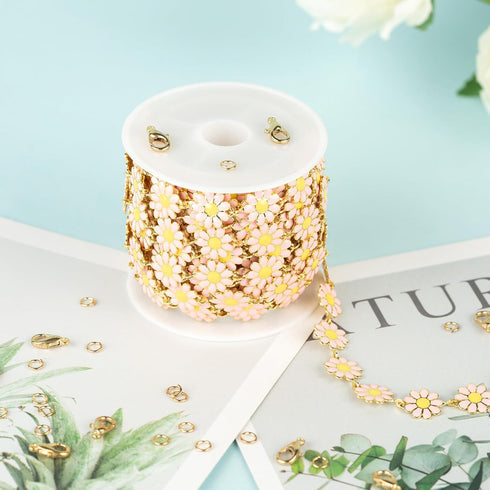 YOUBEIYEE Pink Enamel Daisy Chain Gold Plated Brass Chain for Jewelry Making Oil Drip Floral Jewelry Chains Bulk Flower Decortaion Craft Chain Rol...