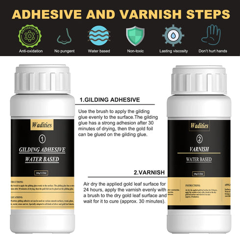 Gold Leaf Gilding Adhesive Set, 100ml Water Based Metal Leaf Glue and 100ml Varnish, Gold Leaf Sheets 100 pcs, 2 Brushes, for Craft, Painting and ...