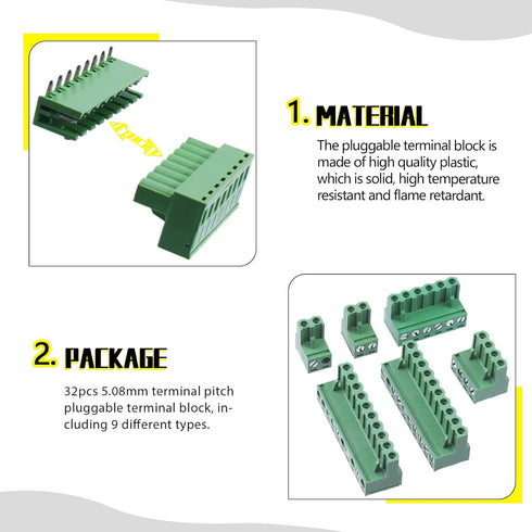 32Pcs 9 Type Pluggable Terminal Blocks Connector Socket, 5mm/0.2inch Pitch PCB Mount Screw Male Female Connectors(2/3/4/5/6/7/8/9 Pins)...