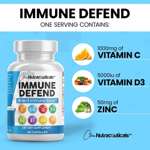 Clean Nutraceuticals Immune Defense Support Supplement 8 in 1 with Zinc 50mg Quercetin, VIT C 1000mg, Vitamin D3 5000 IU, Elderberry, Ginger - Imm...