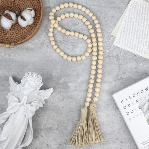 58in Farmhouse Beads Wood Bead Garland with Tassels, Rustic Farmhouse Decor for Farmhouse Tiered Tray Farmhouse Wall Decor (Natural Wood, 58in/1Pc...