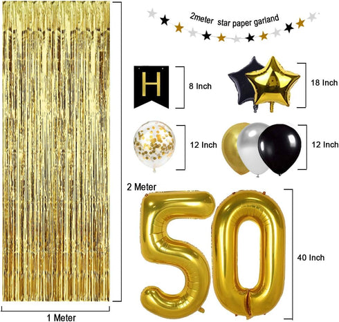 Black and Gold 50th Birthday Decorations Set - Banner, Balloons, Gold Foil Numbers, and Supplies for 50 Years Old Celebration...