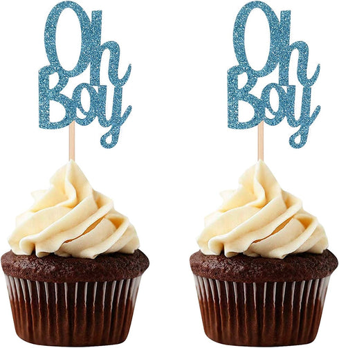 24 CT Blue Glitter Oh Boy Cupcake Toppers Baby Shower Birthday Party Decoration Picks...