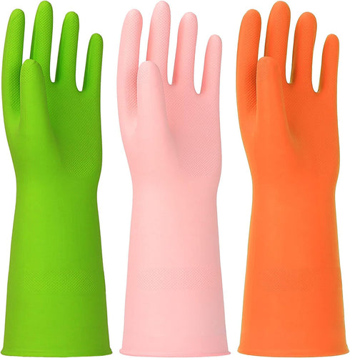 3 Pairs Rubber Cleaning Gloves Latex Free Dishwashing Gloves - 13" Reusable Nitrile Gloves Medium, Green+Pink+Orange...
