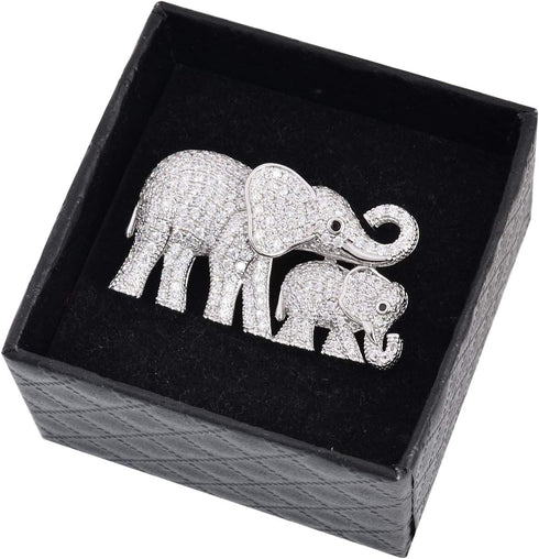 Cute Mother and Baby Elephants Brooch Pins Crystal Rhinestone Animal Kingdom Breastpin Broach...