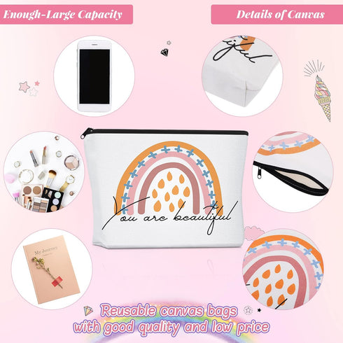 4 Pcs Rainbow Cosmetic Bag Teacher Nurse Inspirational Gift Bags for Women Girls You Are Loved Beautiful Kind Makeup Bag Bulk Personalized Canvas ...