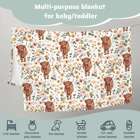Highland Cow Floral Boho Retro Baby Blanket Girls Gift, Western Farm Animal Yak Flower Flannel Fleece Nursery Bed Blankets, Soft Lightweight Newbo...