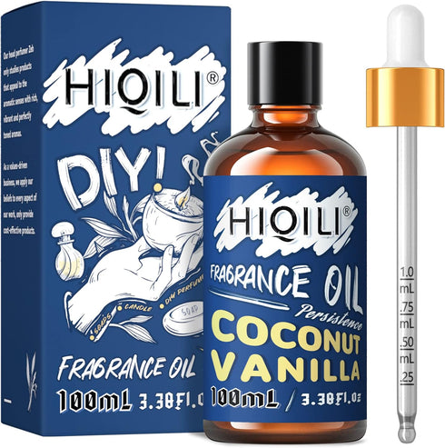HIQILI Coconut Vanilla Fragrance Oil 100ml, Essential Oil for Diffuser Soap Candle Making Slime Scents, Scented Oils for Aromatherapy Car Freshies...