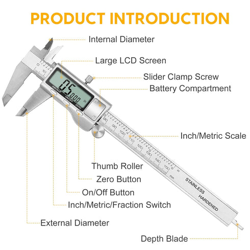 Digital Caliper, Sangabery 6 inch Stainless Steel Caliper Measuring Tool with Inch/Metric/Fractions Conversion and Large LCD Display, Perfect for ...
