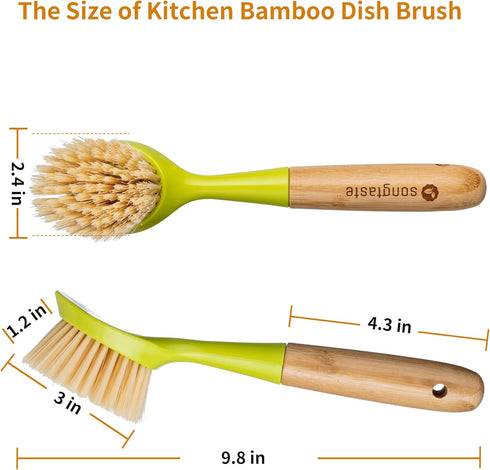 2 Pack Kitchen Dish Brush Bamboo Handle Dish Scrubber Built-in Scraper, Scrub Brush for Pans, Pots, Kitchen Sink Cleaning, Dishwashing and Cleanin...