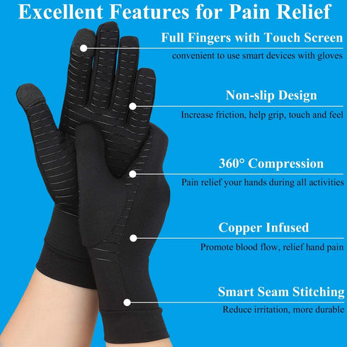 2 Pairs Copper Arthritis Gloves for Hand Pain, Full Finger Compression Gloves for Men Women, Relieve Swelling, Carpal Tunnel, Support Wrist, Joint...