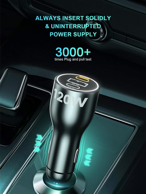 120W USB C Car Charger All-Metal PD3.0 100W/20W+18W 3 Ports Car Laptop Charger Compatible with MacBook,iPhone 15/14/13,Samsung Galaxy S23/22,Googl...